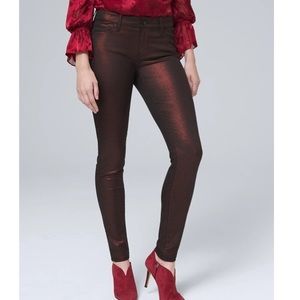 WHBM Mid-Rise Red Metallic Skinny Jeans